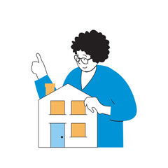Leinwandbilder - Delivery concept with cartoon people in flat design for web. Woman moving in new house and using cargo transportation service. Vector illustration for social media banner, marketing material.