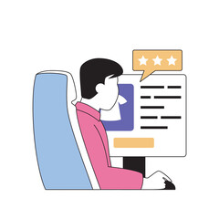 Poster - Shopping concept with cartoon people in flat design for web. Man making purchases at online store with best rating and client feedback. Vector illustration for social media banner, marketing material.