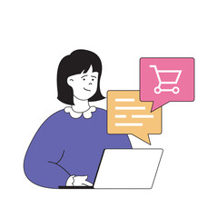 Poster - Shopping concept with cartoon people in flat design for web. Woman making purchases at online store and getting consultation in chat. Vector illustration for social media banner, marketing material.
