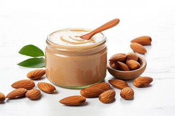 Glass jar of almond butter on white background