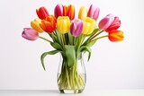 Fototapeta Tulipany - Bouquet of colorful tulips in vase on white background