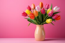 Bouquet Of Colorful Tulips In Vase On Pink Background