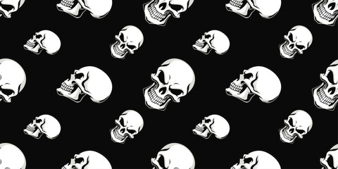 Leinwandbilder - Pattern of diagonal skulls. Painted skulls peek out from the darkness. For prints, pillows, cups, notepads, clothing, seamless materials.