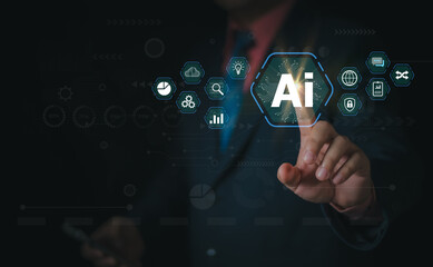 Wall Mural - ai tech, businessman touch on virtual graphic global internet connect to chat with ai, artificial in