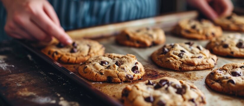 Closeup of woman with chocolate chip cookies on baking tray.