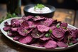 beetroot chips with aioli sauce in restaurant or in the kitchen. Vegan or vegetarian snack.