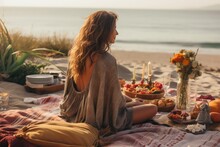 Beautiful Woman At Boho Hippie Style Picnic On The Beach. Catering And Floral Decoration.