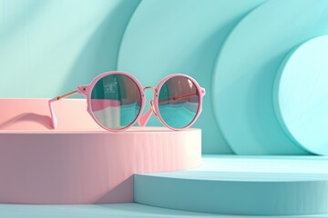 Sticker - Stylish sunglasses presented on minimal pastel podium