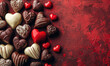 assorted chocolate hearts on red background
