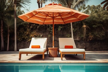 Umbrella and two sunbeds near the swimming pool