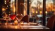 Celebrating atmosphere in cafe, restaurant with red heart sign and bokeh. Valentine's day design background.