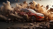 A Red Car Is Breaking Through A Pile Of Rubble And Rocks
