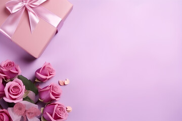 Top view gift box on pink background with roses, Mother's day, Valentine's day, March 8 and Women's Day banner concept with copy space for text