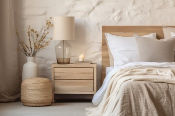 Wall Mural - Close up details of bed and side table in trendy japandi style