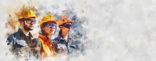 Group of engineers portrait in watercolor style with copy space