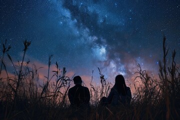 Wall Mural - A couple stargazing in a remote field, the vast universe above them a reminder of the infinite wonder and mystery that nature holds.