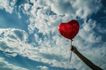 Poster - A hand holding a red heart balloon against a cloud-filled sky, an uplifting and hopeful space for aspirational love notes copy-space