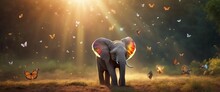 A Baby Elephant Spraying A Rainbow Mist From Its Trunk Under The Warm Sunlight, With Butterflies