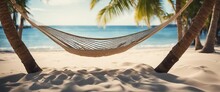 Beachside Hammock Relaxation A Relaxing Scene Of A Hammock Strung Between Two Palm Trees On