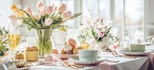 Elegant Easter Brunch Table Setting With Spring Flowers And Pastel Decor. Seasonal Celebration And Style. Banner.