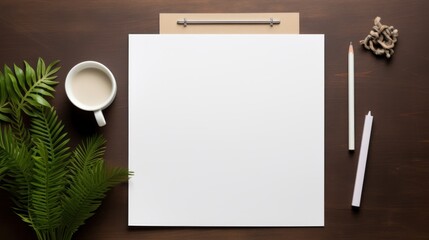 Wall Mural -  a blank sheet of paper next to a cup of coffee, pencils, and a plant on a table.