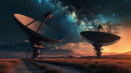 earth-based observatory with dual radio telescopes connecting with the starry expanse