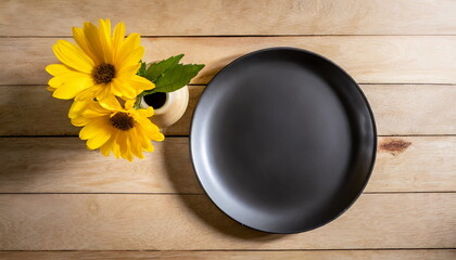 Black ceramic plate mockup, blanck clean dish on wooden table, mock up