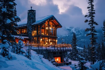 Poster - Serene alpine lodge at dusk with a warm, glowing fireplace