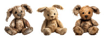 Three Teddy Rabbits Rotten And Dirty Over White Transparent Background