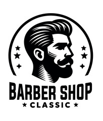 Wall Mural - Vintage barber shop logo template with man head with beard mustache and stylish hair old fashioned vector badge