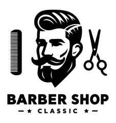 Wall Mural - Vintage man face vector silhouette old barber shop logo template with bearded gentleman head with mustache and stylish hair