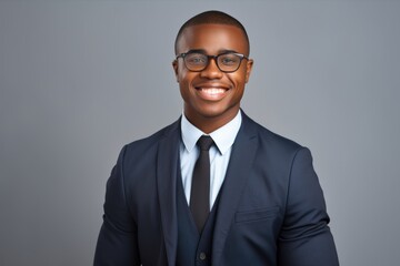 Black History Month, Happy african american businessman in suit wearing eyeglasses on grey background.