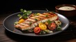 © Olga - a plate of fish with tomatoes, lettuce, tomatoes, and sauce on a wooden table next to a bowl of sauce.