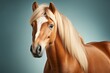 © Marin Zhu - Haflinger horse portrait of a red horse with a shiny white mane on a blue background, expressive look and exquisite beauty of a thoroughbred animal