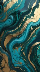 The image illustrates a captivating abstract pattern with deep teal and dark blue hues elegantly intertwined with gold accents, creating a sophisticated and luxurious marbled effect.