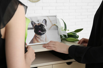 Wall Mural - Women with picture of dog and flowers in room, closeup. Pet funeral