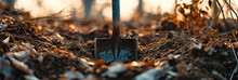 Close Up Shovel Buried In The Ground. Panoramic Image