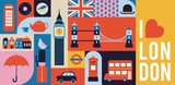 Fototapeta Fototapeta Londyn - London, Uk, England geometrical banner design. Colorful modular illustration with London buildings, umbrella, red bus, cab, telephone and more. Vector elements,