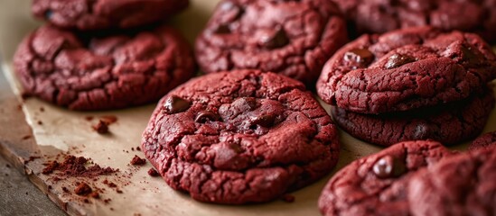 Soft, chewy red velvet chocolate chip cookies combine cocoa's rich flavors with vibrant red velvet cake color, making a delicious dessert.