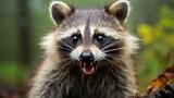 Fototapeta Zwierzęta - A close up of a raccoon with its mouth open. Generative AI.