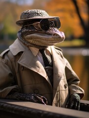 Poster - A lizard wearing a hat, sunglasses and a trench coat. Generative AI.