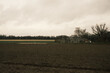 Rural landscape with a field and greenhouses against a cloudy sky in Meerbusch, Germany