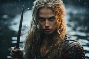 Wall Mural - Bold female viking: a glimpse into the fierce world of Nordic shieldmaidens, showcasing strength, bravery, and the untold stories of Viking warrior women in the pages of history and myth.