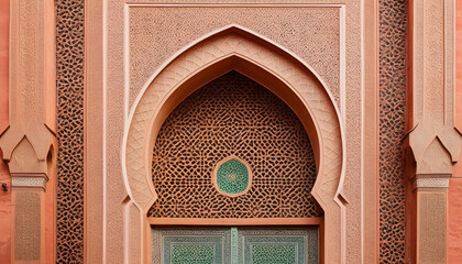 Wall Mural - Detail of Islamic Mosque. It is an old architectural building in the middle of the Moroccan city. There are red bricks.