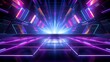 Vibrant and colorful stage with bright lights and a futuristic design. Concert stage with neon lights and a dazzling display. Modern Night Club. Futuristic Dance Floor. Purple blue colors