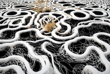 A Pristine White Surface Breaking Apart To Reveal Liquid Black And Hidden Golden Accents. --ar 3:2 --v4 --Intricate Golden Webs Forming Within A Black And White Liquid Labyrinth.
