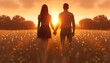 Romantic Couple in Sunset Field. Back view of a couple holding hands in a field at sunset, creating an intimate and serene atmosphere