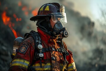 Wall Mural - professional firefighter puts out the flames. A burning house and a man in uniform, view from the back. Concept: Fire engulfed the room, danger of arson