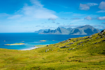 Wall Mural - Hiking trail of Mount Ryten to go to Kvalvika Beach in the Lofoten Islands,  Norway