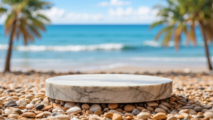 Wall Mural - Marble podium on beach pebbles for product presentation with blurred beach background